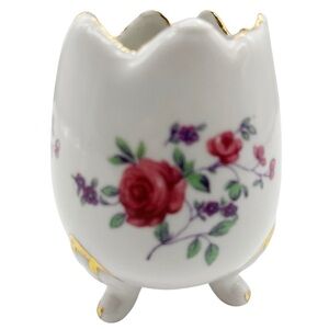Vintage Porcelain Cracked Egg Cup/Vase 3 Footed Pink Purple Floral  Gold Rim